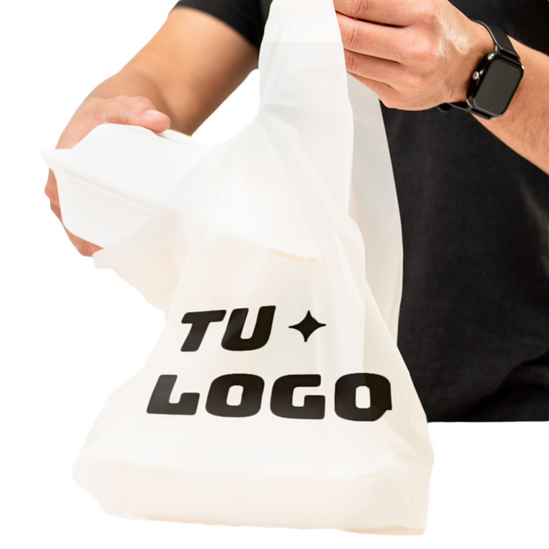 Bolsa camiseta compostable personalizada con logo 40x50 cm medida grande para tiendas de ropa y retail Vinder Chile