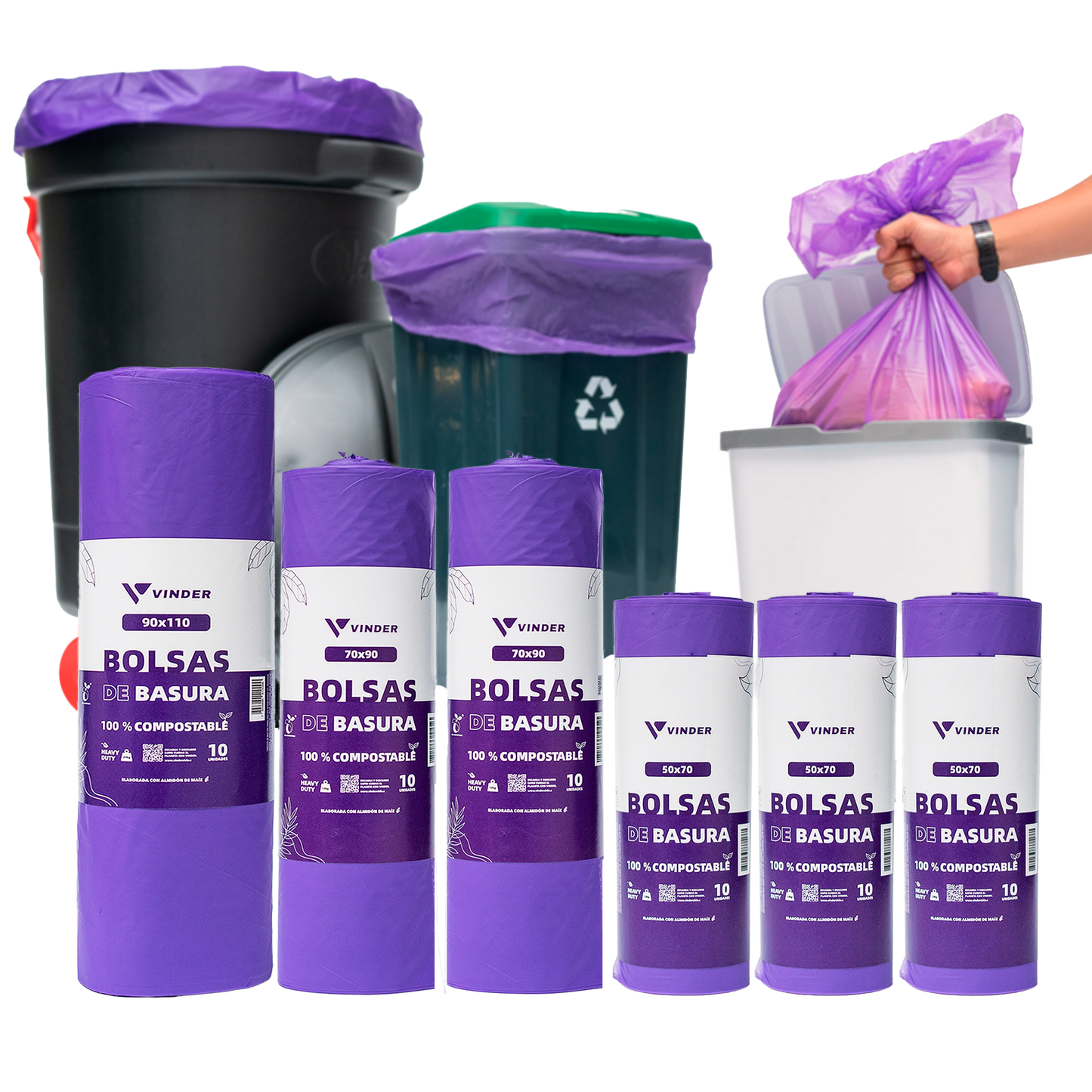 Pack Basura Compostable - 3 50x70, 2 70x90, 1 90x110 (morada o verde según stock)