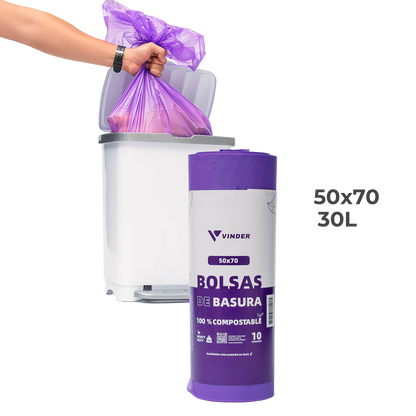 Bolsa de basura compostable morada de almidón de maíz 50x70 cm para basureros medianos de oficina y hogar Vinder Chile