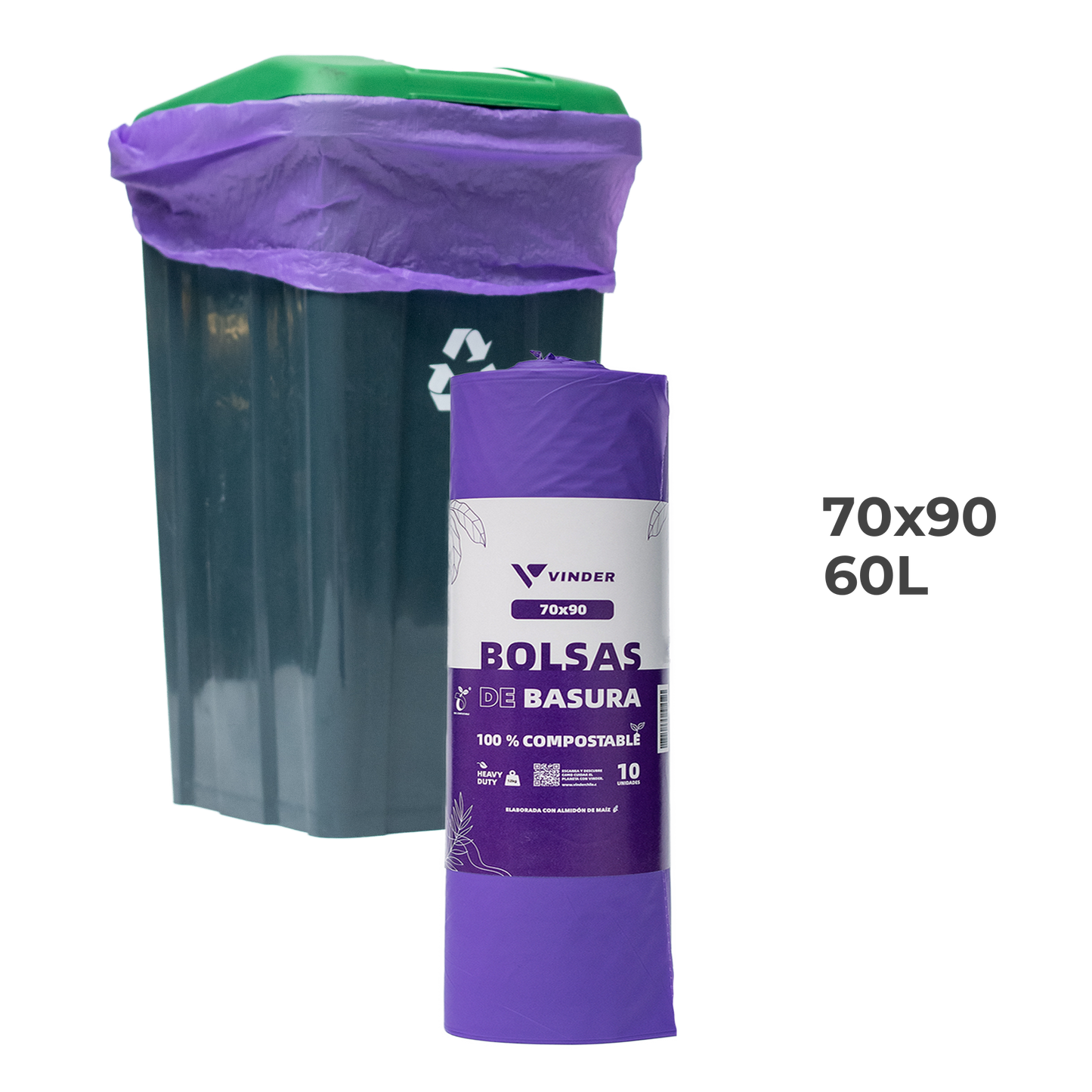 Bolsa de basura compostable morada de almidón de maíz 70x90 cm medida industrial para contenedores grandes Vinder Chile