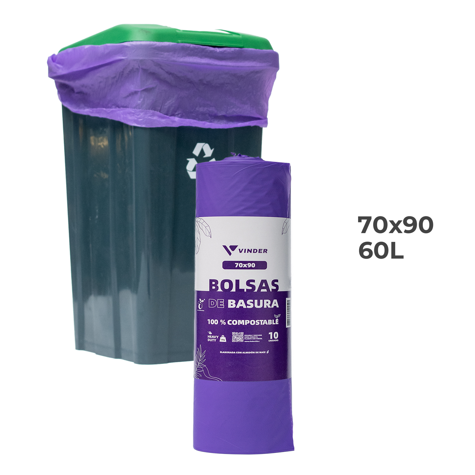 Bolsa de basura compostable morada de almidón de maíz 70x90 cm medida industrial para contenedores grandes Vinder Chile
