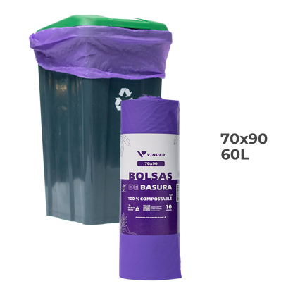 Bolsa de basura compostable morada de almidón de maíz 70x90 cm medida industrial para contenedores grandes Vinder Chile