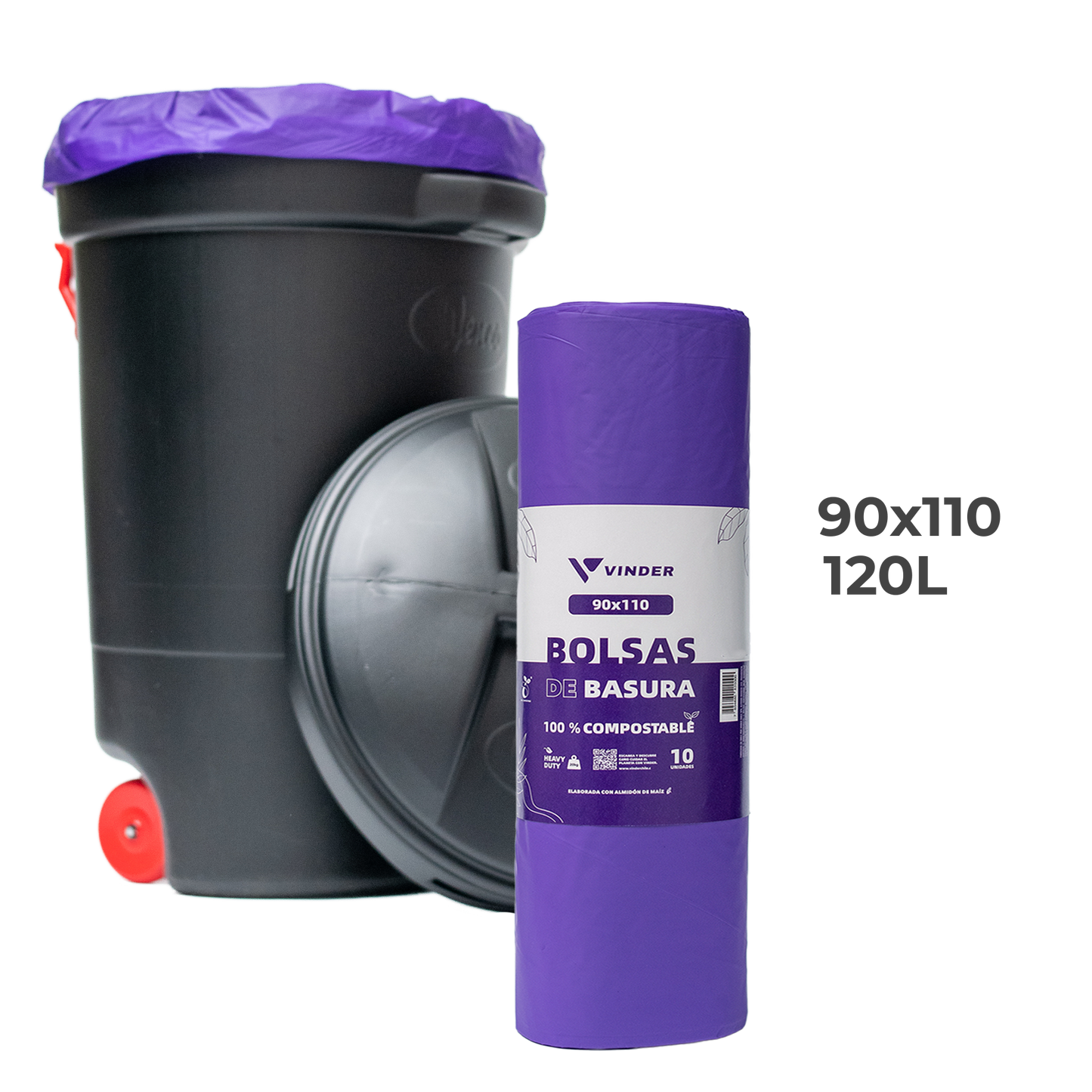 Bolsa de basura compostable morada de almidón de maíz 90x110 cm tamaño extra grande para contenedores industriales Vinder Chile