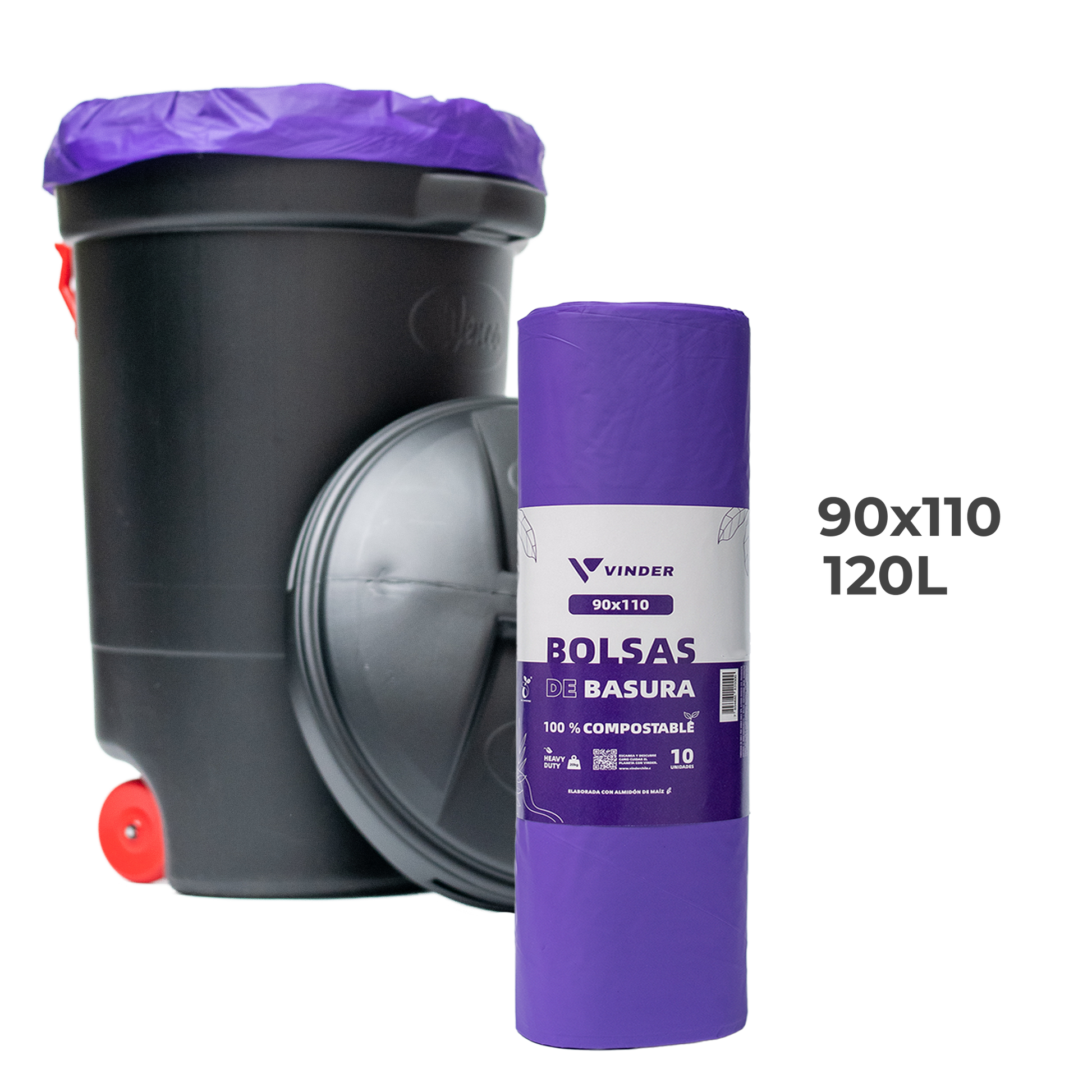 Bolsa de basura compostable morada de almidón de maíz 90x110 cm tamaño extra grande para contenedores industriales Vinder Chile