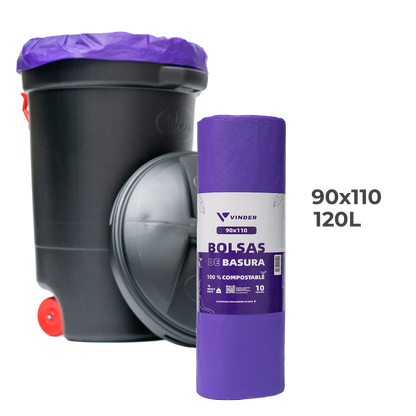 Bolsa de basura compostable morada de almidón de maíz 90x110 cm tamaño extra grande para contenedores industriales Vinder Chile