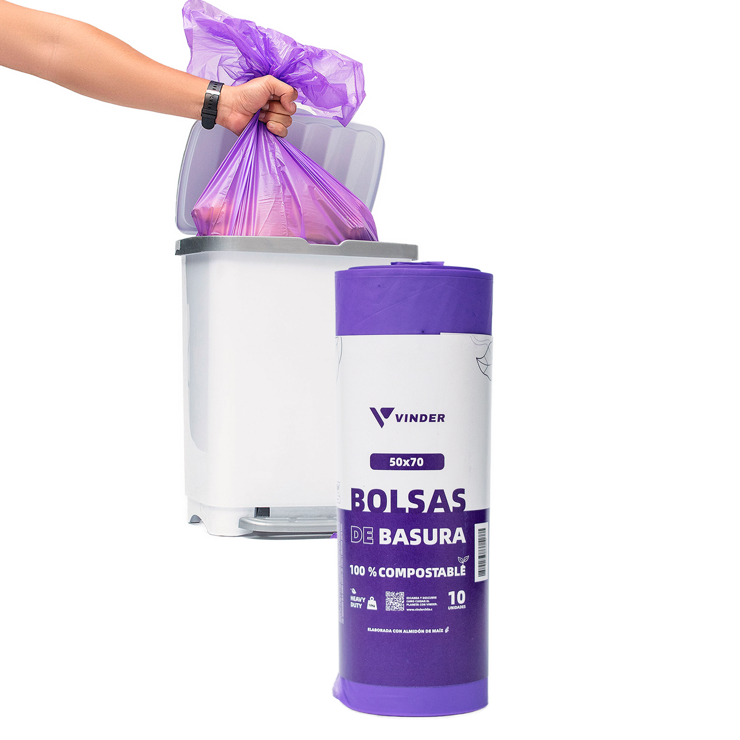 Bolsa de basura compostable morada de almidón de maíz en rollo y puesta en basurero para manejo de residuos Vinder Chile