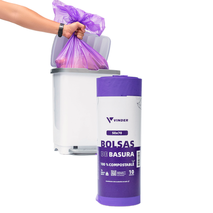 Bolsa de basura compostable morada de almidón de maíz en rollo y puesta en basurero para manejo de residuos Vinder Chile