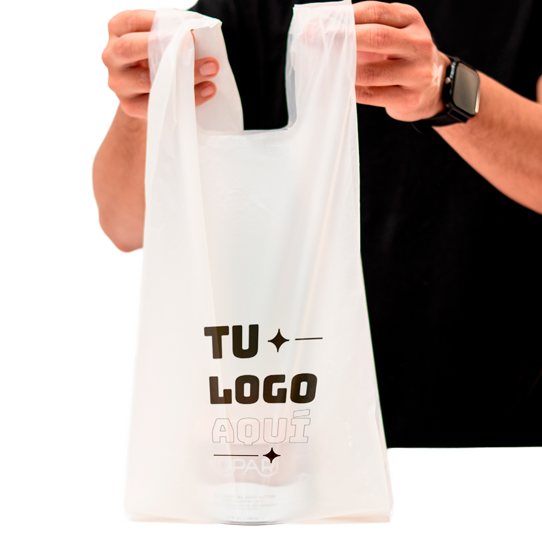 Bolsa camiseta compostable personalizada con logo 35x45 cm de almidón de maíz para tiendas y comercio Vinder Chile