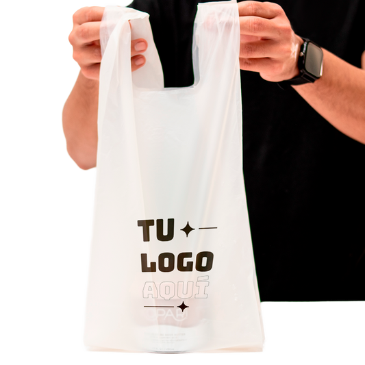 Bolsa camiseta compostable personalizada con logo 35x45 cm de almidón de maíz para tiendas y comercio Vinder Chile