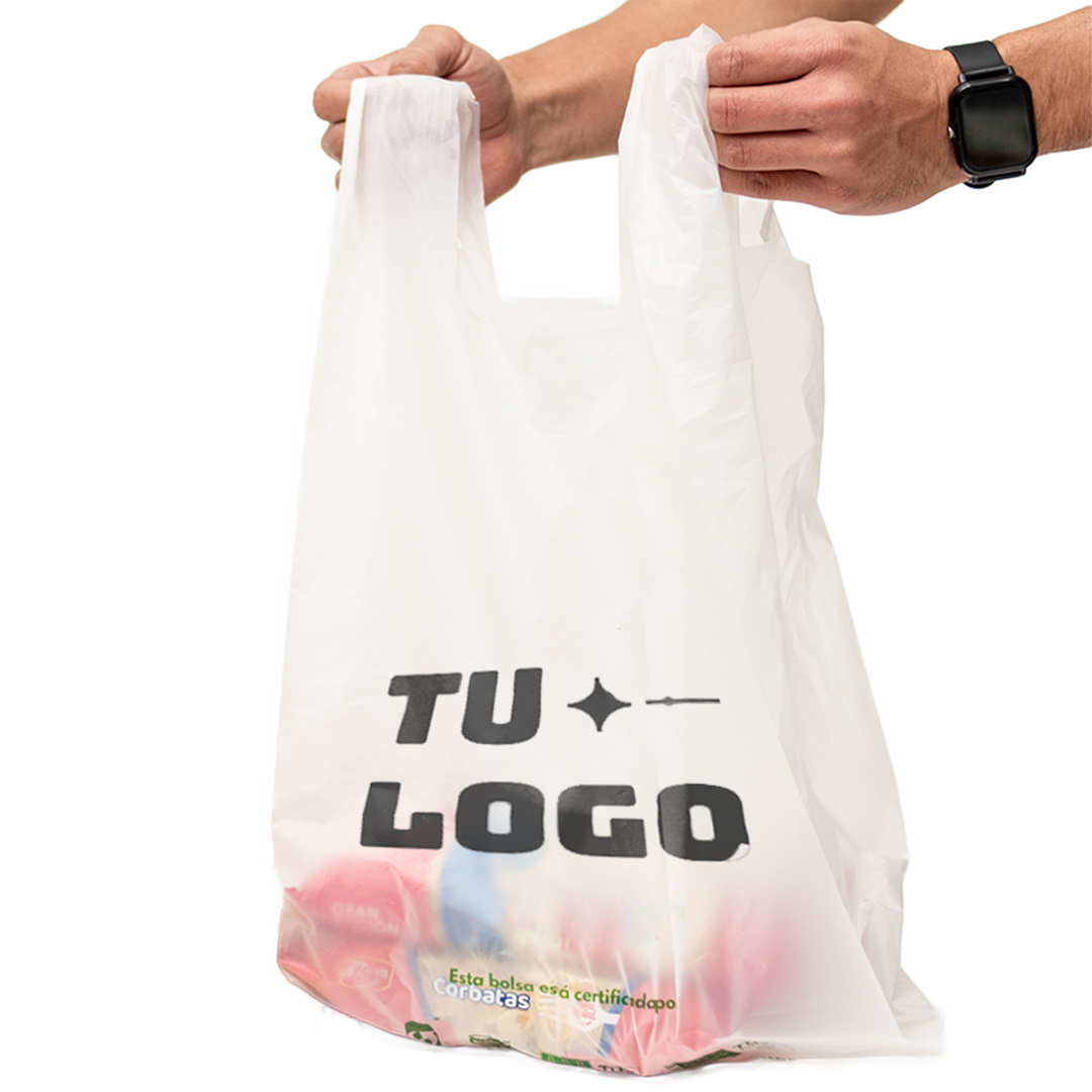 Bolsa camiseta compostable personalizada con logo 50x60 cm tamaño extra grande para tiendas y comercio mayorista Vinder Chile