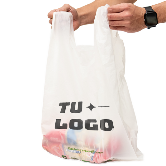 Bolsa camiseta compostable personalizada con logo 50x60 cm tamaño extra grande para tiendas y comercio mayorista Vinder Chile