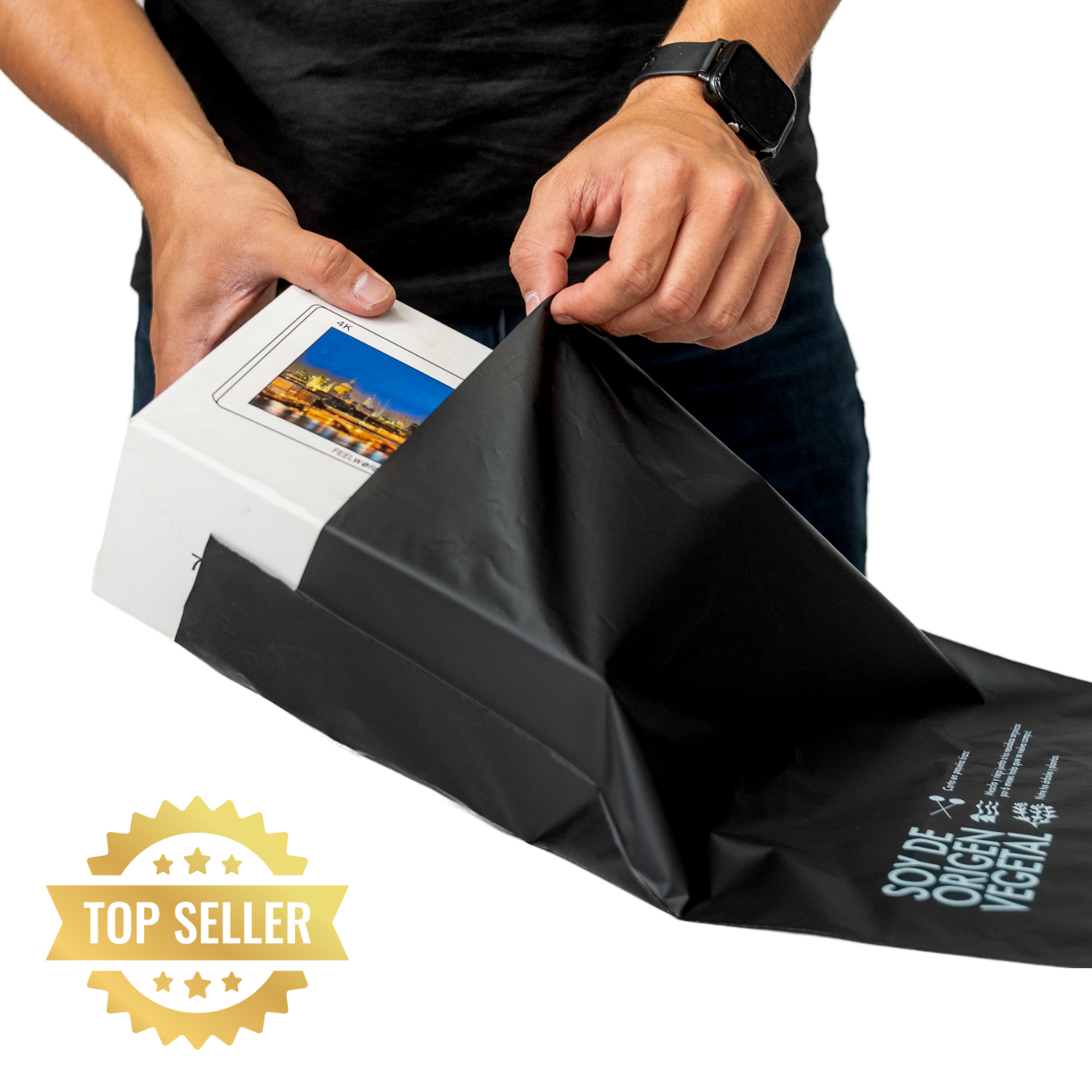 Bolsa courier negra compostable lisa 30x36 cm sobre de envío resistente 40 micrones para ropa y e-commerce Vinder Chile