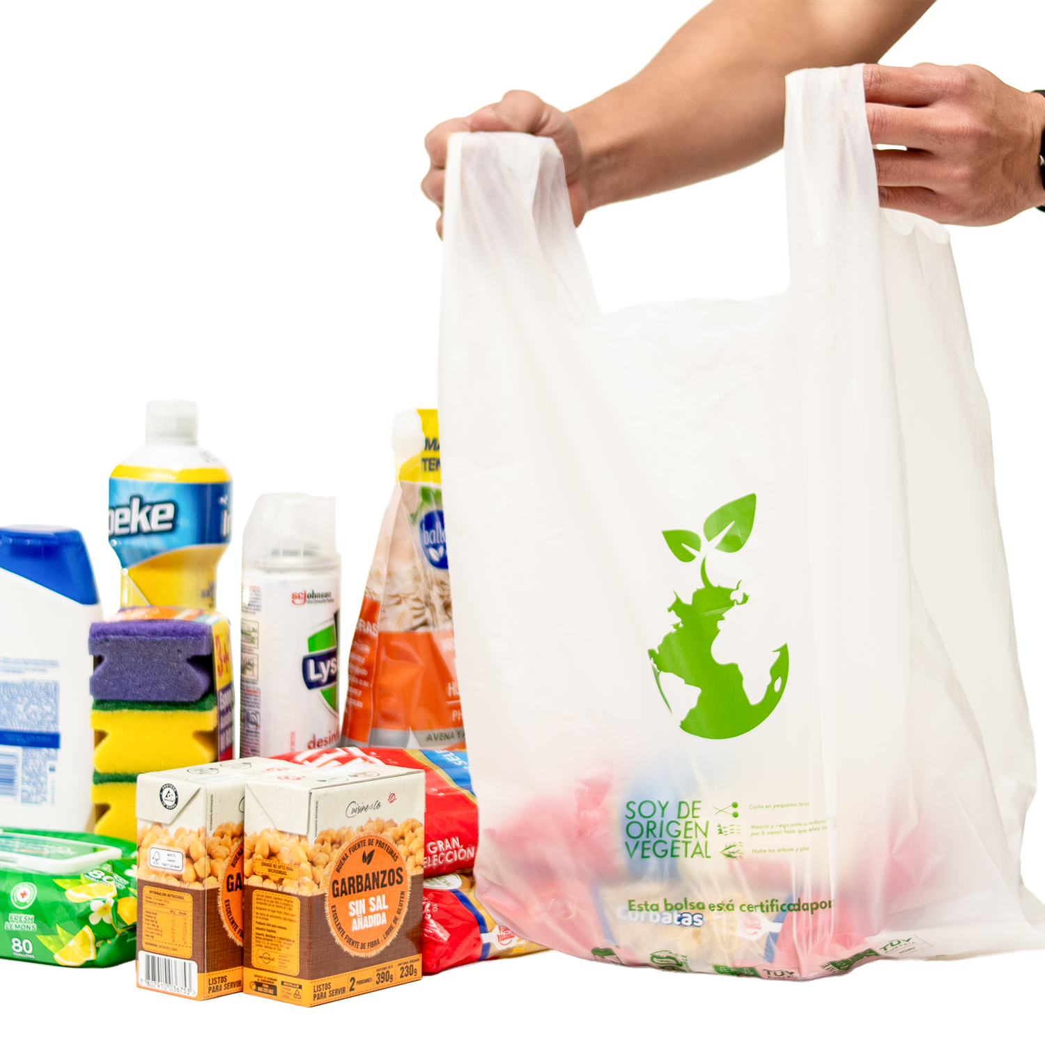 Bolsa camiseta compostable verde 50x60 almidón de maíz marca Vinder uso técnico retail y comercio sustentable Vinder.