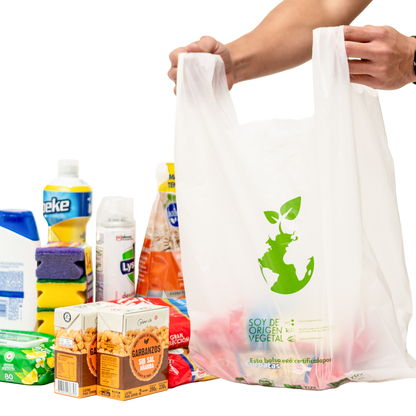 Bolsa camiseta compostable verde 50x60 almidón de maíz marca Vinder uso técnico retail y comercio sustentable Vinder.
