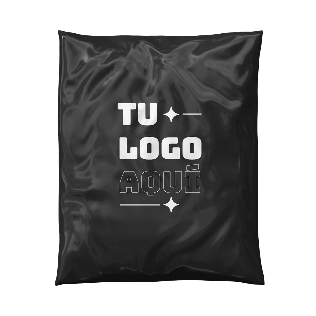 Bolsa courier personalizada negra 20x26 almidón de maíz marca Vinder envío de productos e-commerce con logo personalizado Vinder.