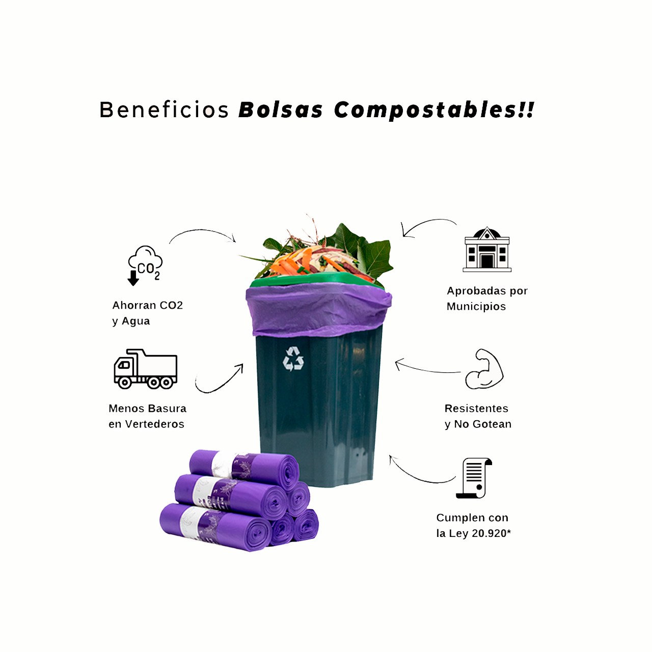 Infografía de beneficios de bolsas de basura compostables moradas Vinder Chile aprobadas por municipios resistentes no gotean cumplen Ley 20920