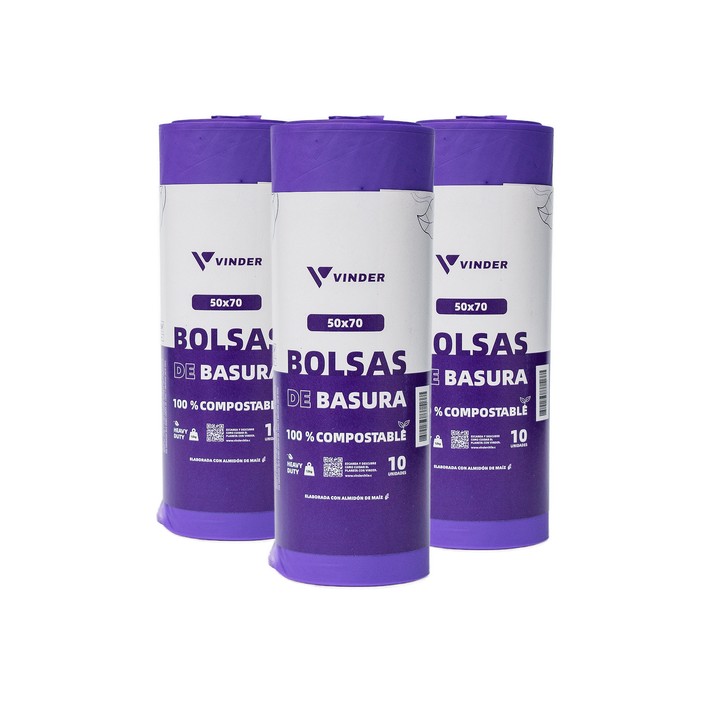 Pack de 3 rollos de bolsas de basura compostables moradas Vinder Chile medidas 50x70 70x90 y 90x120 cm de almidón de maíz