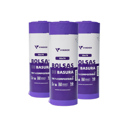 Pack de 3 rollos de bolsas de basura compostables moradas Vinder Chile medidas 50x70 70x90 y 90x120 cm de almidón de maíz