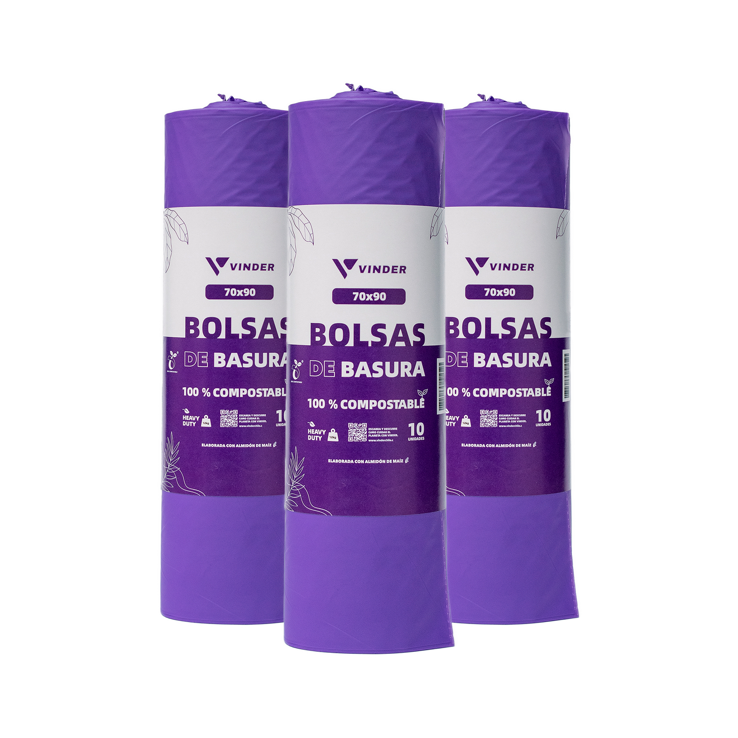 Pack de 3 rollos de bolsas de basura compostables moradas 70x90 cm de almidón de maíz alta resistencia Vinder Chile
