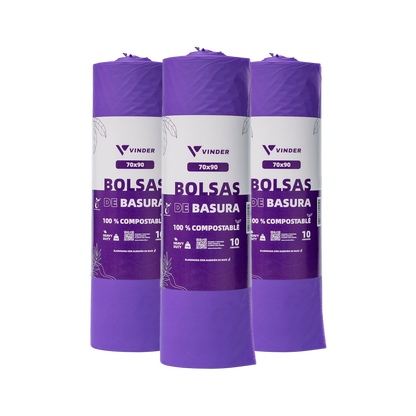 Pack de 3 rollos de bolsas de basura compostables moradas 70x90 cm de almidón de maíz alta resistencia Vinder Chile