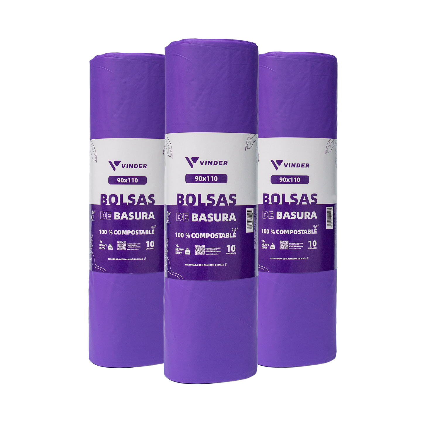 Pack de 3 rollos de bolsas de basura compostables moradas 90x110 cm extra grandes para contenedores industriales Vinder Chile