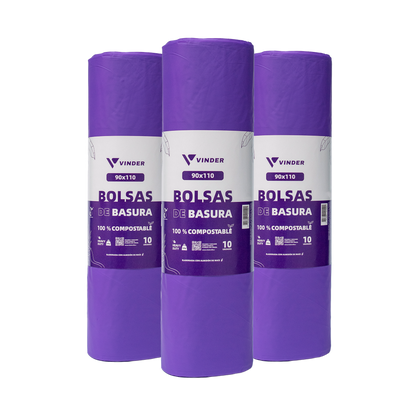 Pack de 3 rollos de bolsas de basura compostables moradas 90x110 cm extra grandes para contenedores industriales Vinder Chile