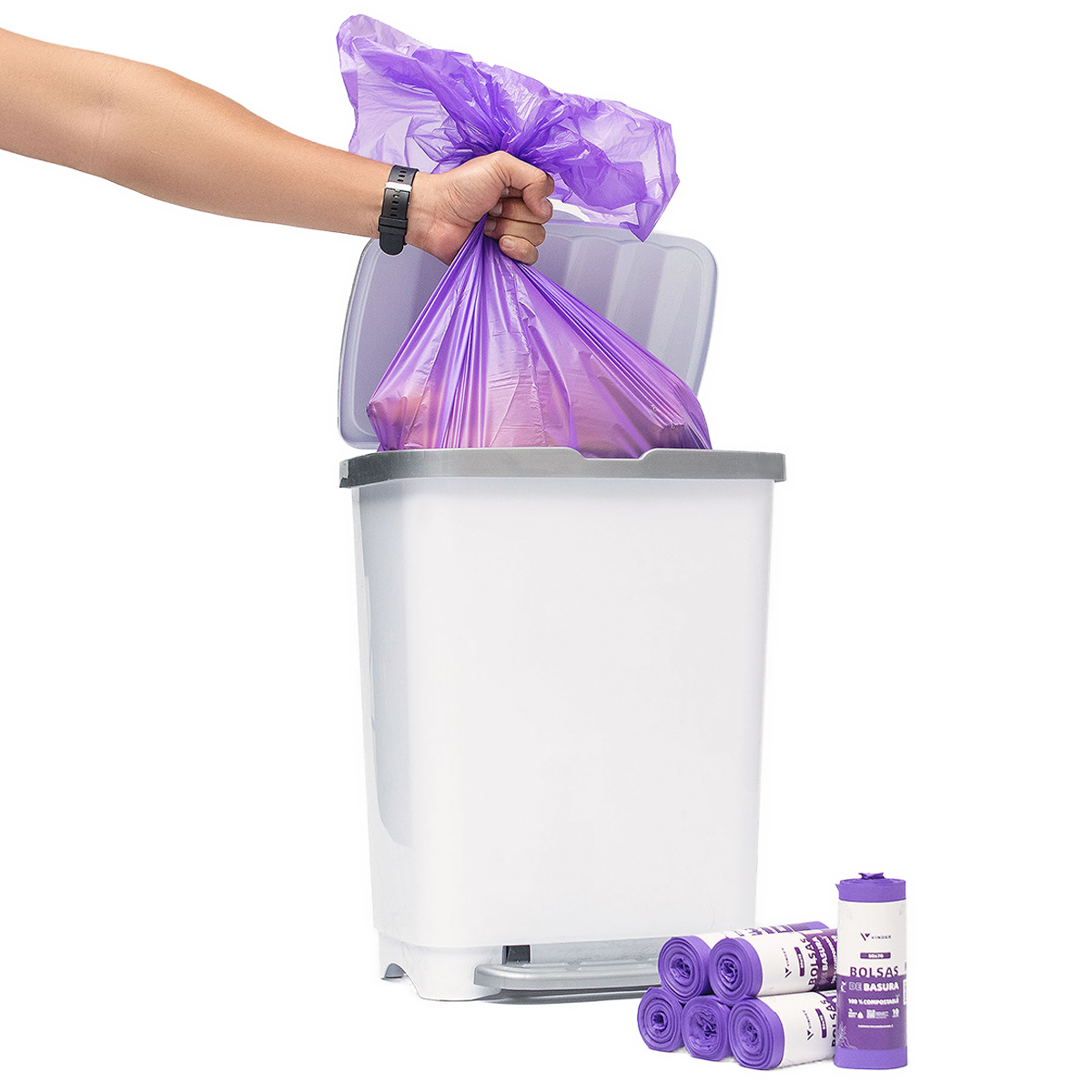 Uso de bolsas de basura compostables moradas Vinder Chile 50x70 cm para basureros de oficina y hogar resistentes no gotean