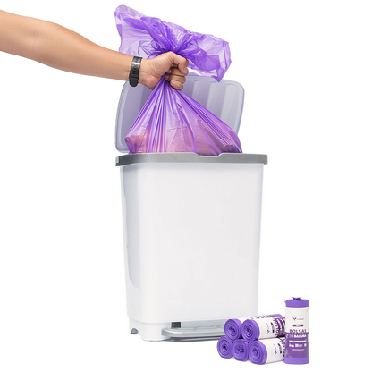 Uso de bolsas de basura compostables moradas Vinder Chile 50x70 cm para basureros de oficina y hogar resistentes no gotean