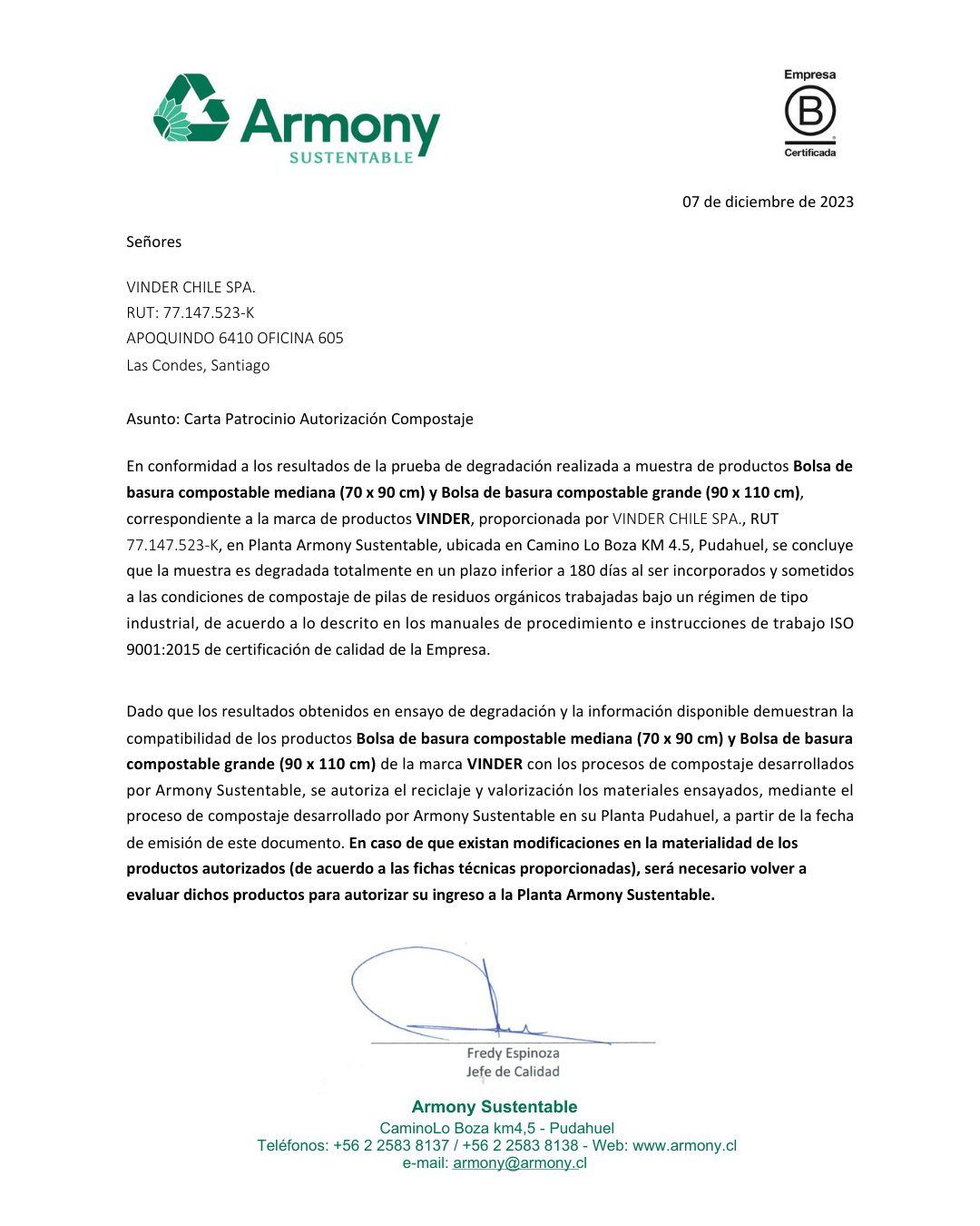 Carta de patrocinio de Armony Sustentable que certifica la degradación total de las bolsas de basura compostables Vinder en plantas industriales.