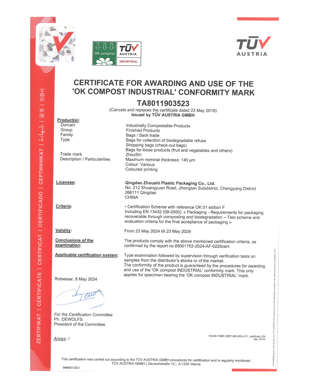 Certificación internacional OK Compost Industrial de TUV Austria que garantiza la biodegradabilidad de las bolsas Vinder Chile.