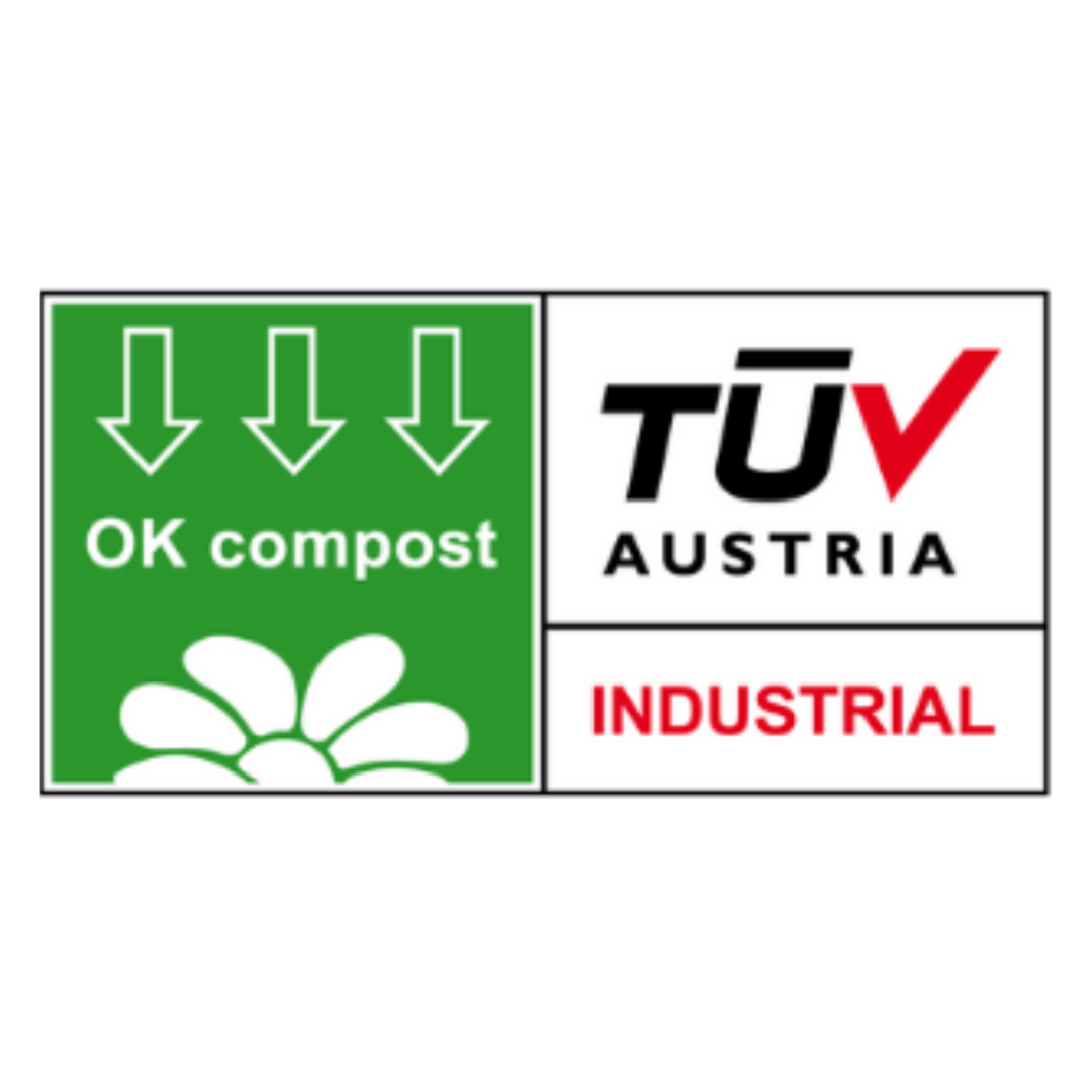 Sello de certificación OK Compost Industrial de TUV Austria para productos compostables en condiciones industriales Vinder Chile.
